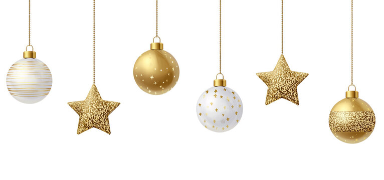 Christmas balls hanging with a string, Christmas shiny baubles ornaments on transparent background, cutout