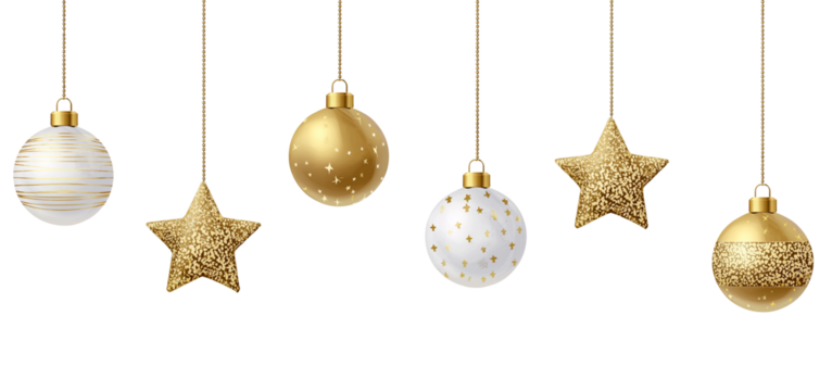 Christmas balls hanging with a string, Christmas shiny baubles ornaments on transparent background, cutout