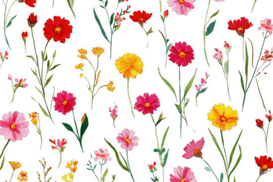 A vibrant floral pattern featuring a variety of blossoms in red, yellow, pink, and orange, on dark stems and leaves