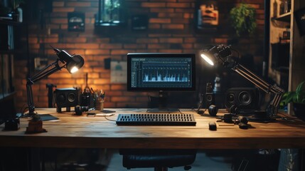 Jib down shot of wooden desk in studio with podcast gear technology recording sound for social media channel production. Live broadcasting space with specialized tech in dimly lit apartment