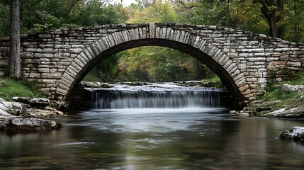 Stone bridge over a small waterfall in a forest setting with trees and lush greenery around it