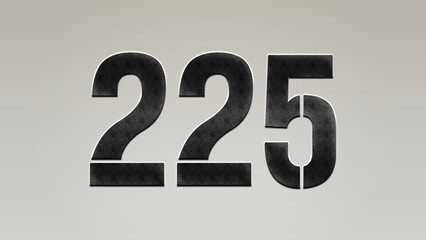 3D Bold metal number 225 on silver background.