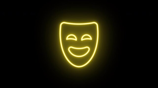 Neon comedy mask icon animation, color flicker. Glowing neon theater mask icon, looped color blink animation. Theatrical humor, laughter, comedian performance, comic show. 3 colors