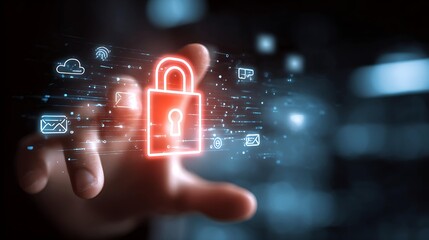A close-up of a hand reaching out towards a digital padlock, symbolizing cybersecurity and data protection.