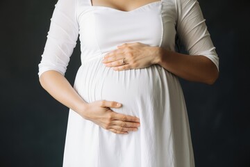 Pregnant woman in white dress cradling her belly
