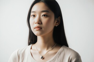 Portrait of young woman wearing necklace.