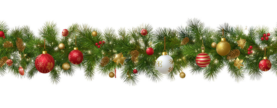 Seamless decorative christmas border with coniferous branches and garlands on transparent background, christmas lights and ornaments festival plant tree.