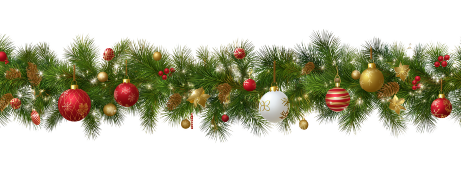Seamless decorative christmas border with coniferous branches and garlands on transparent background, christmas lights and ornaments festival plant tree.
