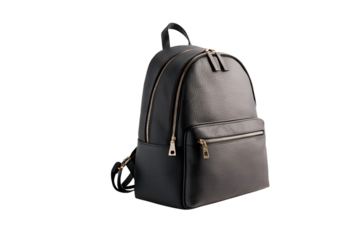 Stylish Black Leather Backpack Isolated on Transparent Background