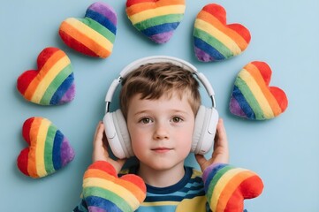 Obraz premium Autistic child boy with blue noise cancelling headphone surrounded by rainbow heart pillows for autism awareness month promoting neurodiversity empathy and inclusion
