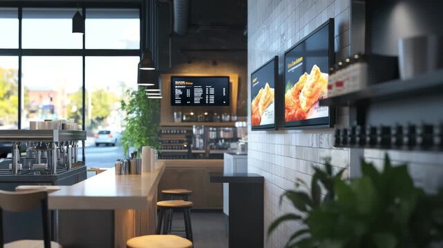 Modern cafe interior with digital menu screens and seating area