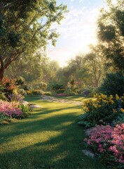 Sunlight streams through a lush garden, illuminating vibrant flowers and creating a tranquil, idyllic landscape.