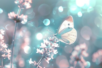 Romantic natural floral background with a butterfly on flower with bokeh, close-up macro.