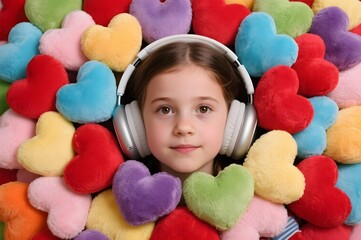 Autistic child girl with noise cancelling headphone surrounded by colorful plush hearts for autism awareness month promoting neurodiversity inclusion empathy and brain health