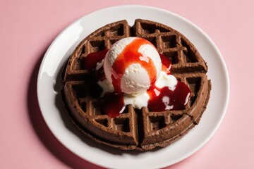 Fresh chocolate waffle with ice cream and&Acirc;&nbsp;strawberry sauce