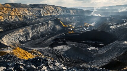 Aerial view of a large coal mine with heavy machinery and layered rock formations in daylight