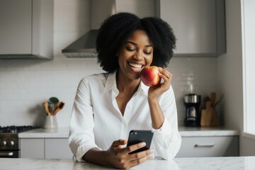 Modern beautiful African American female with smartphone in hand sitting on kitchen counter looking away at home and eating apple