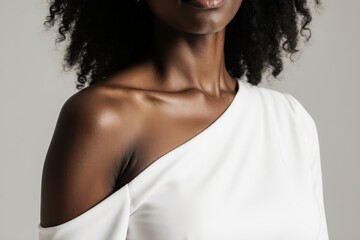 close full framed view of a deep neckline's black woman wearing a white dress