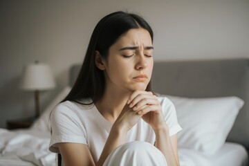 Worried young woman with eyes closed sitting near bed at home