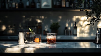 Making Cocktail on Marble Bar with Sunlight and Glassware