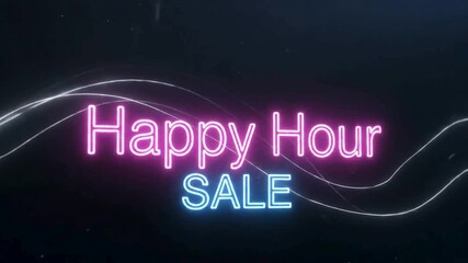 Happy Hour Sale Neon Sign Animation with Glowing Text. Concept for Retail Promotion, Bar, and Nightlife Advertising.