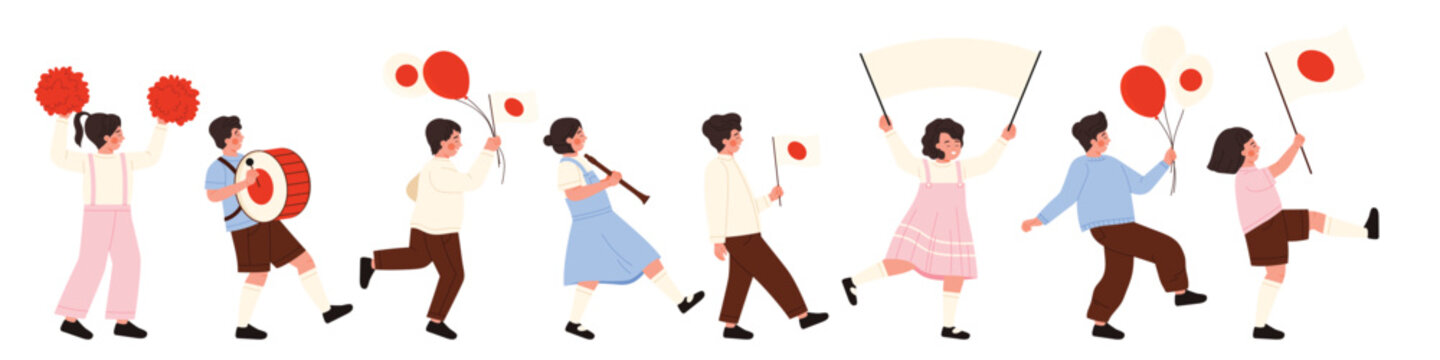 Children marching with Japanese flags and balloons in festive parade for Emperor's Birthday, national holiday, cultural celebration, white background, isolated vector illustration