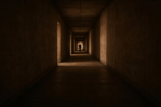 Silhouette of a lonely man walking in a dark endless corridor with perspective and doors on both sides