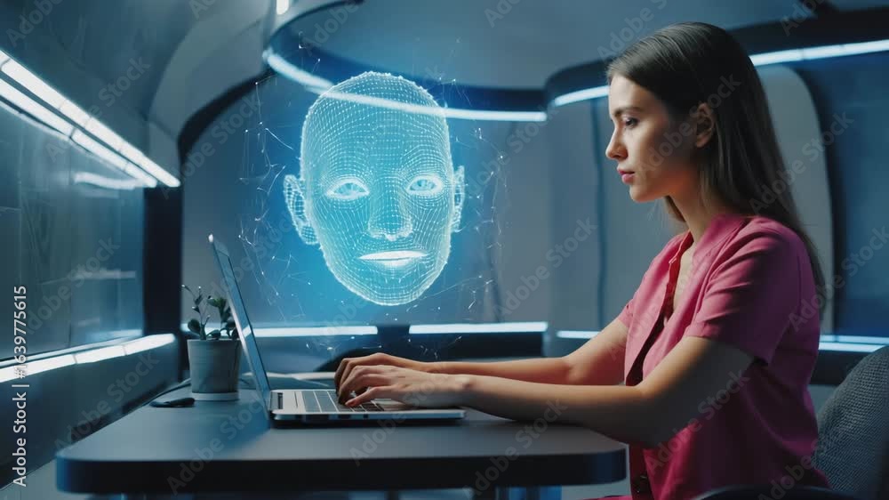 Poster laptop user engages with an ai virtual assistant, visualized by a digital head graphic over the devi