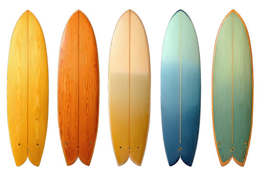 Five vintage-style surfboards in a row, showcasing a color gradient