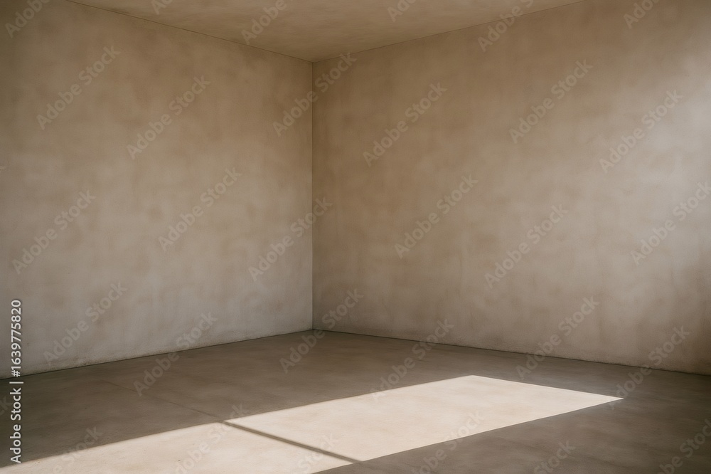 Poster sunlight is illuminating an empty room with bare walls and a cement floor, creating an atmosphere of