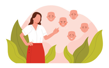 Hypocrisy, dishonesty of person with fake emotions, false identity disorder. Liar hiding truth of feeling, girl pointing at theater mask to choose happy and angry, sad mood cartoon vector illustration