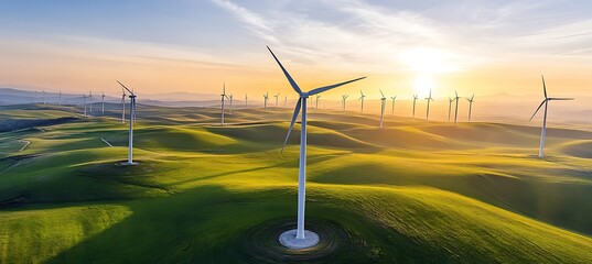 Wind turbines stand tall on rolling green hills under a bright sunset creating clean energy source