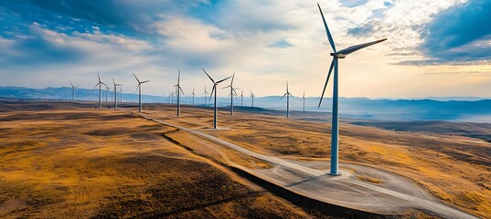 Wind turbines stand tall in a field under a cloudy sky generating renewable energy in the countryside
