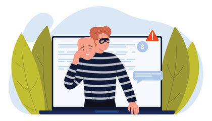 Hacker attack, online fraud and internet phishing, personal account and data protection. Man thief on laptop screen, scammer holding disguise positive mask to hide crime cartoon vector illustration