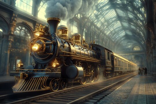 A detailed steampunk train with large brass pistons, steaming exhausts, and intricate gear mechanisms pulling into a Victorian station, created by ai
