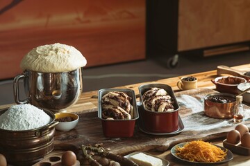 Ingredients for baking chocolate babka are displayed on a wooden table. Dough rises in a mixing bowl, shaped loaves wait in pans, and various spices and ingredients are prepared