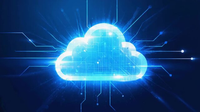 A stylized blue cloud with connecting wires symbolizes technology, digital infrastructure, and global connectivity.
