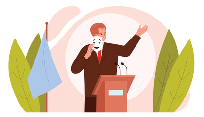 Dishonesty and hypocrisy, hiding politicians true motives, fraud. Dishonest leader speaking from podium, man holding positive mask to hide evil face and influence audience cartoon vector illustration