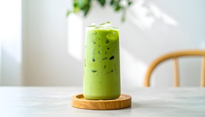 "Iced Matcha Latte in Clear Glass – Refreshing Japanese Green Tea Drink on Wooden Table"
