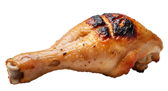 Succulent, perfectly grilled chicken drumstick showcasing juicy texture and delicious crispy skin with a hint of char for ultimate flavor appeal.