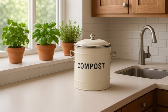 Metal compost bin sits on modern kitchen counter with potted herbs growing on windowsill, promoting sustainable living and reducing food waste