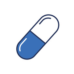 A vibrant blue capsule on a white background represents a 3D medical pill symbol for pharmaceutical healthcare design