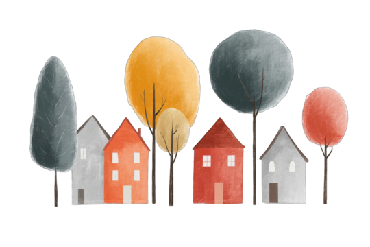 Row of stylized houses and trees in muted colors