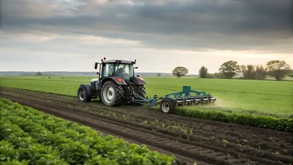 Fototapeta premium Modern agricultural tractor plowing a green field under cloudy sky during early evening light perfect for farming industry promotions, sustainable agriculture projects and rural landscape visuals