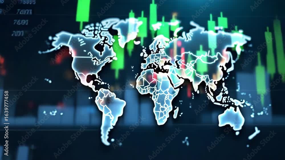 Poster double exposure of global world map on business financial stock market trading background with empty