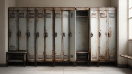 Rusty lockers in a dimly lit room