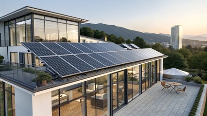 Modern house with large solar panels on rooftop terrace at sunset perfect for renewable energy promotions, sustainable living visuals and eco-friendly architectural design concepts