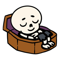 Cartoon skeleton peacefully sleeping inside an orange coffin with a purple interior. Perfect for Halloween illustrations, cute spooky designs, and seasonal decorations.