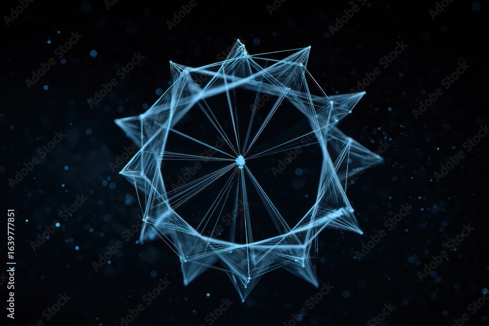 Poster geometric network structure with glowing lines on dark background, connection concept