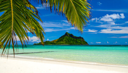 Idyllic Tropical Beach Scene with Turquoise Waters and Lush Palm Trees Under a Bright Blue Sky